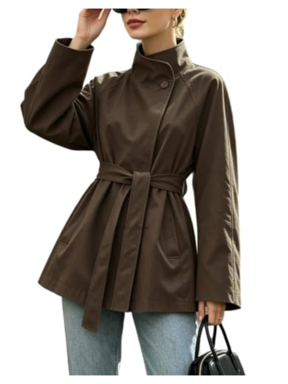 Womens Open Front Trench Coat Belted Stand Collar Windproof Fall Overcoat